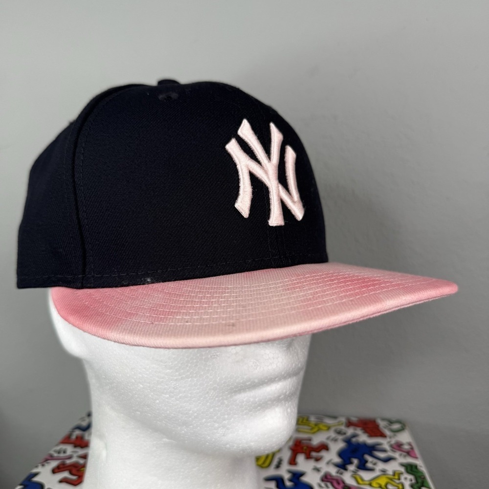 Exclusive New Era Fitted NY Yankees Hat Blue Baseball Pink UV 96 7 1/4 - Picture 5 of 9